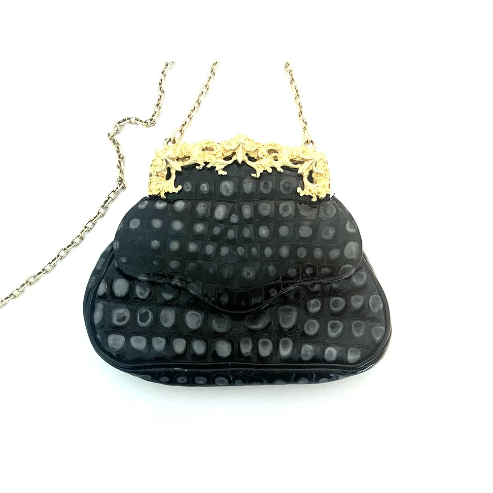 GLEN MILLER FOR ANN TURK EVENING HANDBAG BLACK EMBOSSED LEATHER, EC